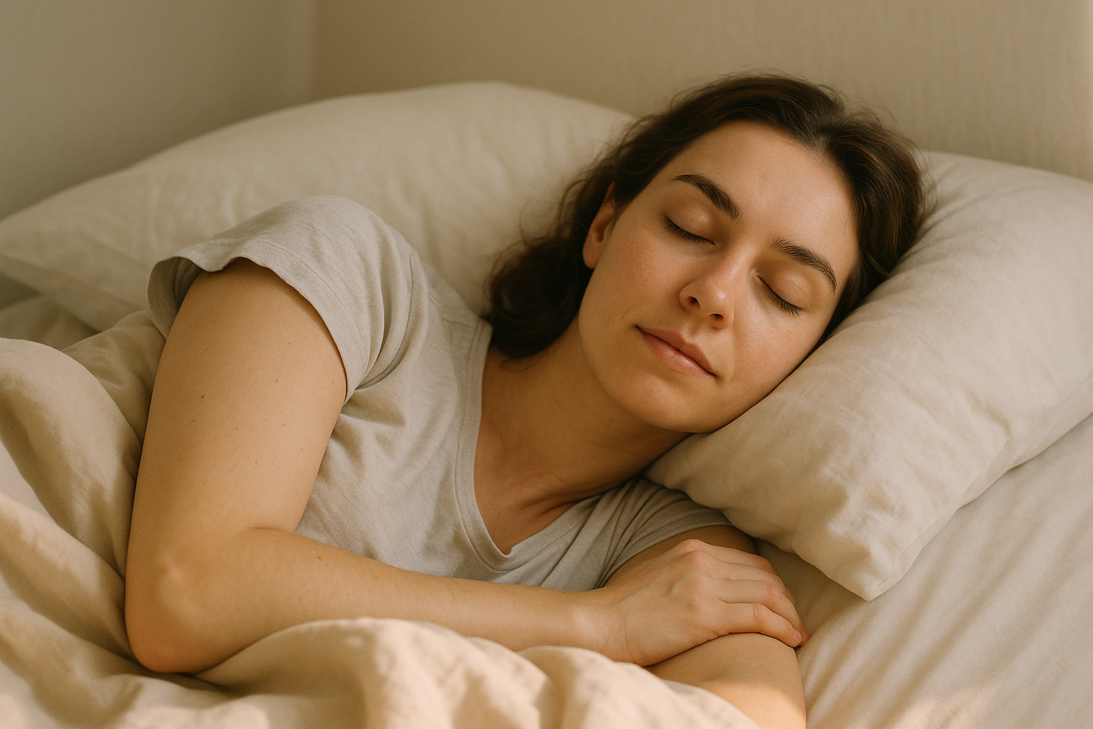 une image verticale avec le visage centrée d'une femme sereine dans son lit